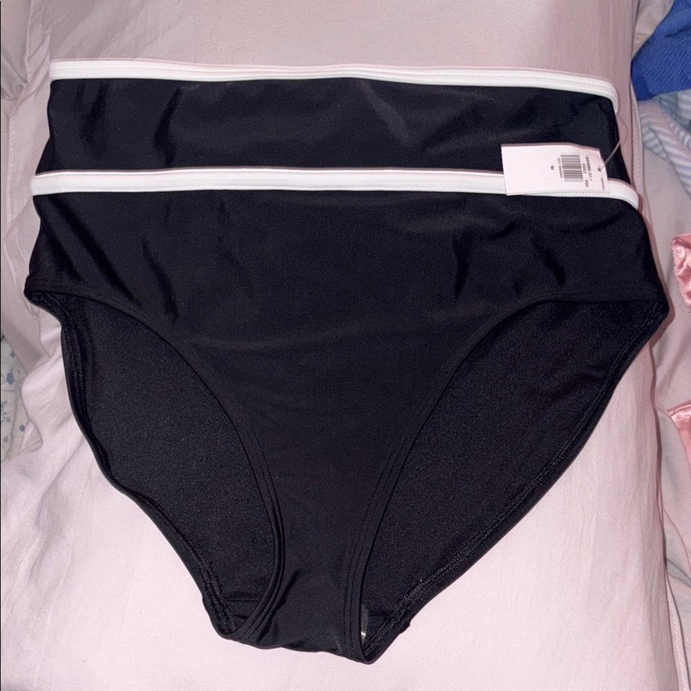 Black High-Waisted Bikini Bottoms with White Trim